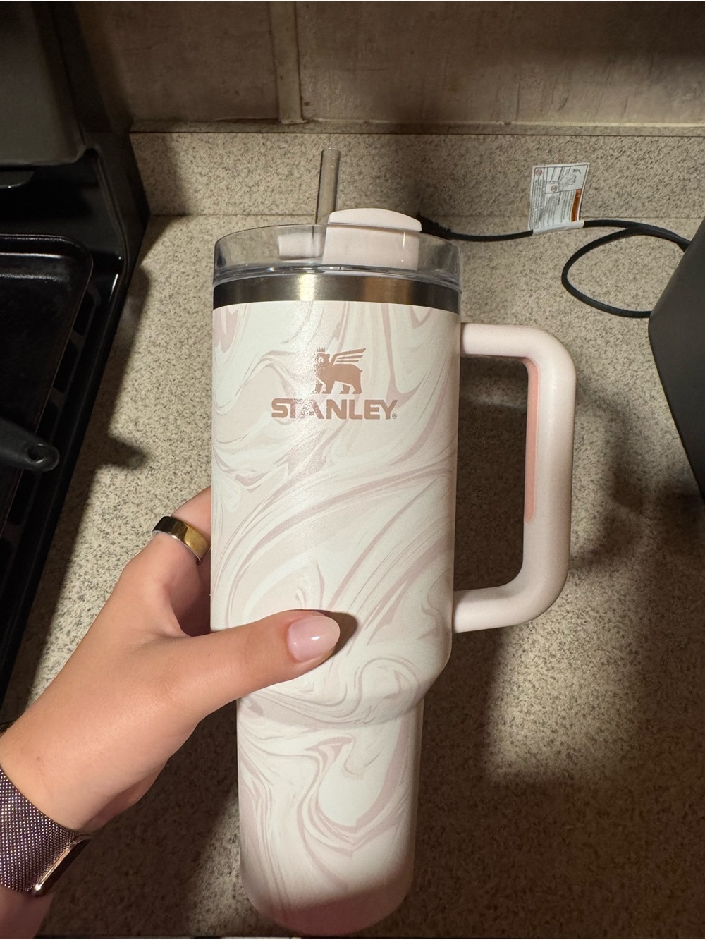Limited Edition 40 oz Stanley Rose Quartz Swirl Travel Mug with Handle
